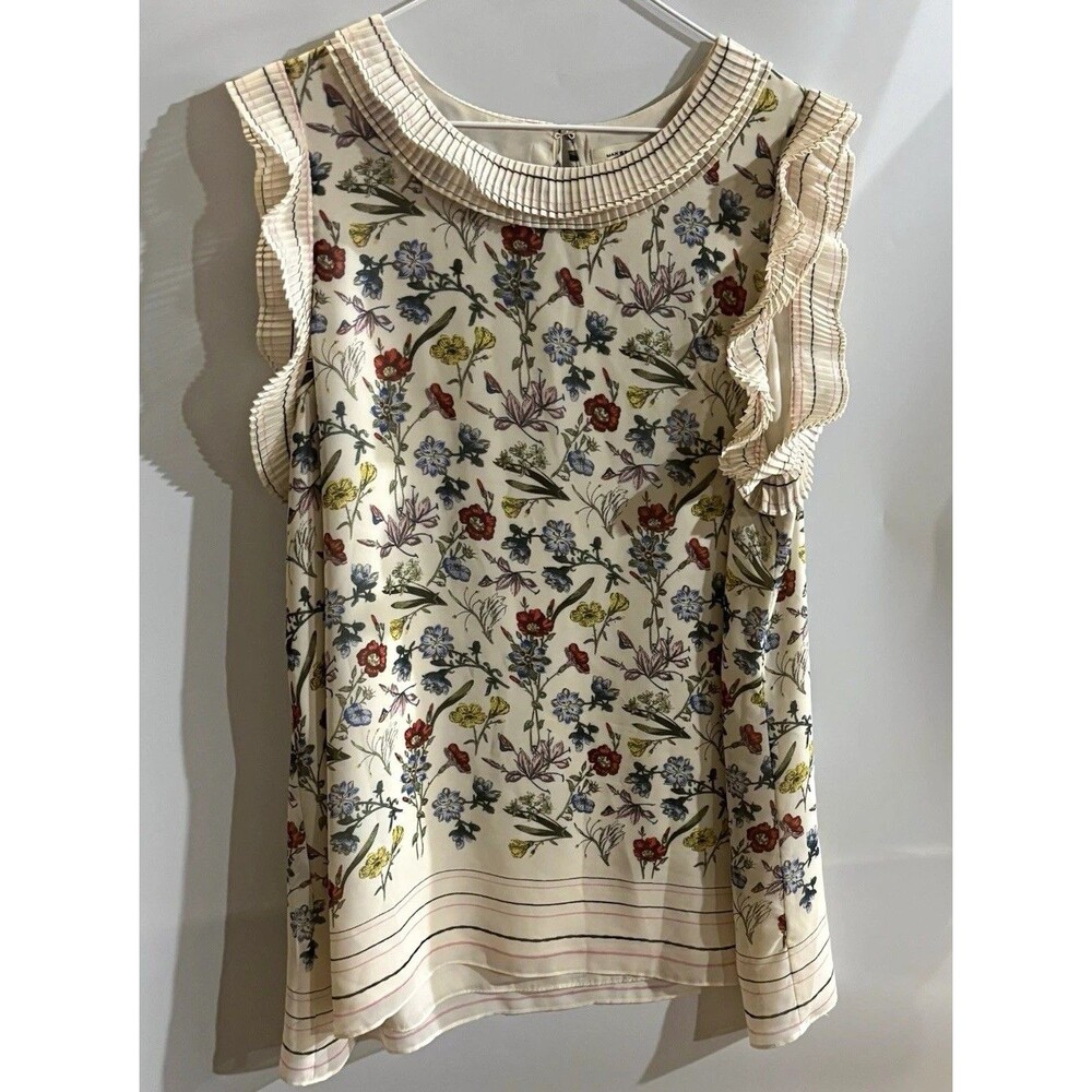 Max Studio Women’s Blouse XL Ivory/Multicolor Floral Sleeveless Ruffle Zip